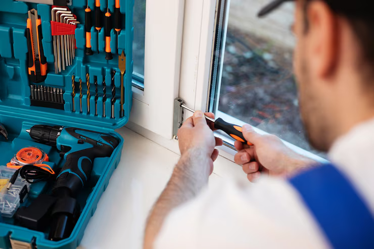 Technician uses a drill to install a patio door, demonstrating home repair skills in a residential setting